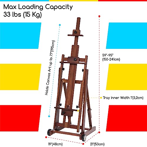 MEEDEN Studio H-Frame Easel -Adjustable Beech Wood Studio Art Easel, Painting Floor Easel Stand, Movable and Tilting Flat Available, Holds Canvas Art up to 77",Walnut