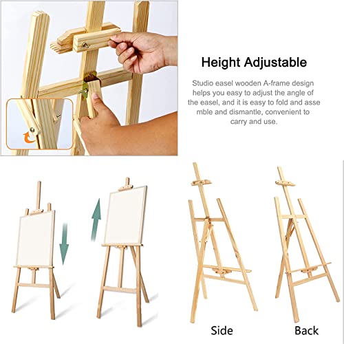 Artist Easel, Wooden A-Frame Easel Stand, Studio Easel 1.75M Adjustable Drawing Painting Holder, Canvas Stand Portable Easel Art Stand for Painting Sketch Wedding Display Exhibition, Easy to Assemble
