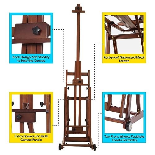 MEEDEN Studio H-Frame Easel -Adjustable Beech Wood Studio Art Easel, Painting Floor Easel Stand, Movable and Tilting Flat Available, Holds Canvas Art up to 77",Walnut