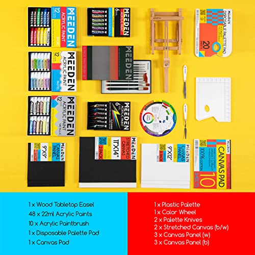 MEEDEN Acrylic Painting Kit with Wood Tabletop Easel, 48x22ml Acrylic Paints, 10 Brushes, Stretched Canvas, Art Supplies, Acrylic Painting Set for Adults, Beginner, Artists