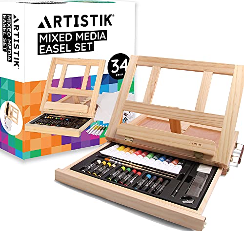 Mixed Media Art Set - Complete Easel Painting Kit with Wood Desk Top Easel Box Includes Acrylic Paints, 3 Canvas Boards, Oil Pastels, Desktop Art Supplies Gift for Beginner Artists, Kids, Adults