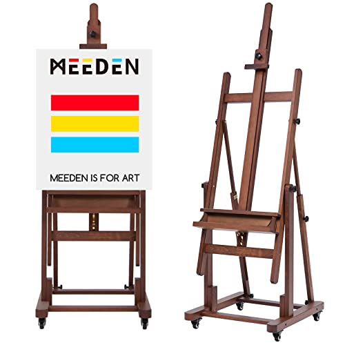 MEEDEN Extra Large H-Frame Studio Easel - Solid Beech Wooden Artist Professional Heavy-Duty Easel, Painting Art Easel Stand with 4 Premium Locking Silent Caster Wheels, Hold Max 82", Classic Walnut