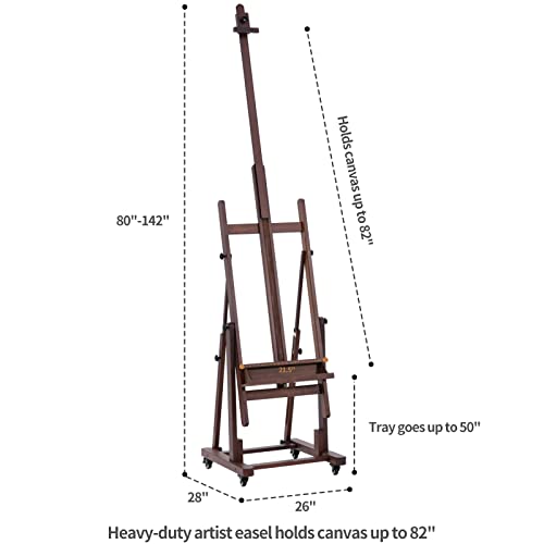 MEEDEN Extra Large H-Frame Studio Easel - Solid Beech Wooden Artist Professional Heavy-Duty Easel, Painting Art Easel Stand with 4 Premium Locking Silent Caster Wheels, Hold Max 82", Classic Walnut