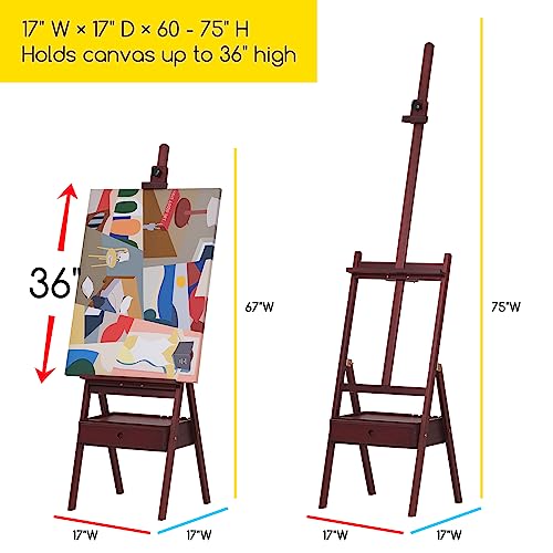 MEEDEN Walnut Stain Studio H-Frame Easel with Art Supply Storage Drawer - Adjustable (60"~75") Solid Wood Easel Stand for Artists, Students and Adults, Holds Canvas Art up to 35"