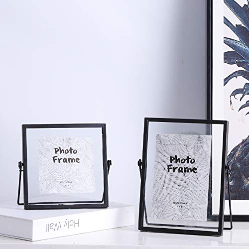 2 Pack 4x6 Metal Floating Glass Picture Frame with Metal Easel (Vertical), 6x4 Glass Photo Frame Metal Geometric Picture Frame for Photos, Art, Tabletop Display (Black)