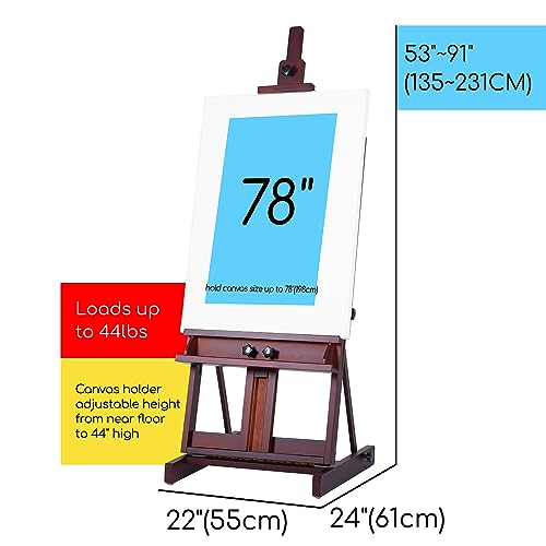 MEEDEN Art Painting Easel, Beech Wood Studio Easel 53" to 91" H, Holds Canvas to 78", Large Professional H-Frame Easel Stand with Storage Tray, Adjustable Floor Easel for Artists & Adults, Deep Walnut