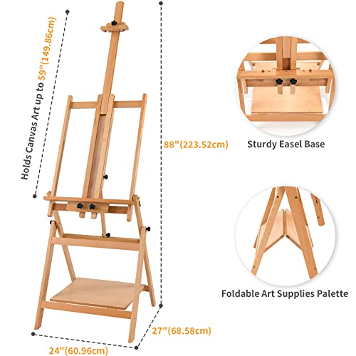 MEEDEN Convertible Studio Easel, Versatile Adjustable Tilts Flat H-Frame Floor Easel, Solid Beech Wood Artist Studio Easel,Professional Painting Easel Stand,Adjusts up to Max 88",Hold Canvas Up to 59"