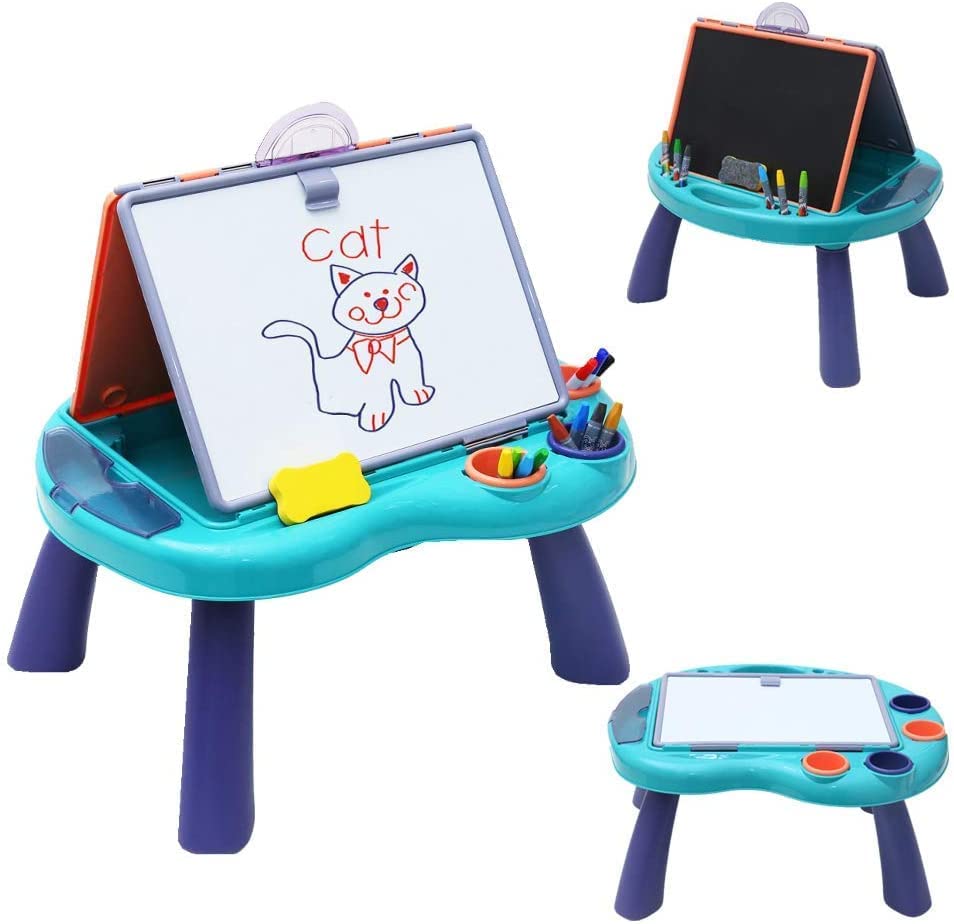 Foldable Kids Tabletop Easel Portable 4 in 1 Double-Sided Art Easel Chalkboard & Magnetic Whiteboard Art Easel Draw and Doodle Playset with Removable Panel Watercolor Pen Eraser Chalk for Boys Girls