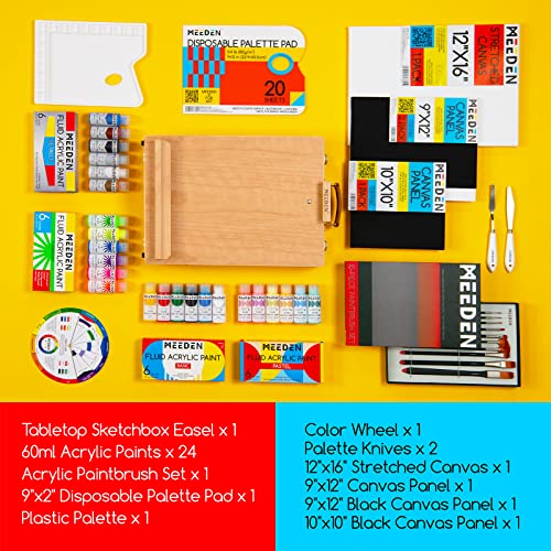 MEEDEN Acrylic Paint Set, Painting Kits with Brushes, Stretched Canvas and Black Panel Draw Sets, Tabletop Wooden Easel Box, 24 Fluid Colors (60ml,2oz), Art Supplies Set for Beginners and Artist