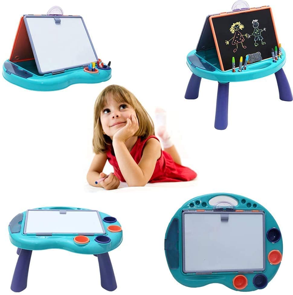 Foldable Kids Tabletop Easel Portable 4 in 1 Double-Sided Art Easel Chalkboard & Magnetic Whiteboard Art Easel Draw and Doodle Playset with Removable Panel Watercolor Pen Eraser Chalk for Boys Girls