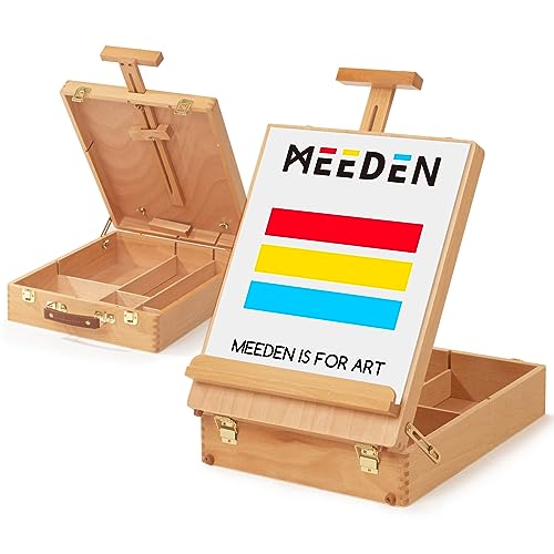 MEEDEN Large Sketchbox Easel, Adjustable Beech Wood Artist Tabletop Painting Storage Box, Portable Studio Desktop Storage Case to Store Acrylic Paints,Oil Paints,Paintbrushes,Sketch Pad &Art Supplies