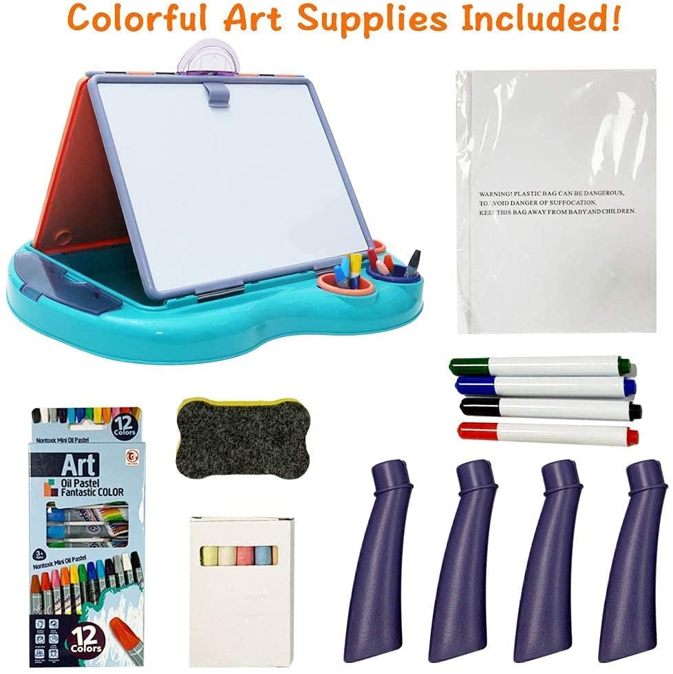 Foldable Kids Tabletop Easel Portable 4 in 1 Double-Sided Art Easel Chalkboard & Magnetic Whiteboard Art Easel Draw and Doodle Playset with Removable Panel Watercolor Pen Eraser Chalk for Boys Girls