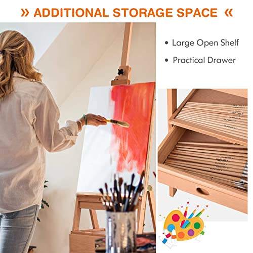TANGZON H-Frame Artist Easel, Adjustable Beech Studio Easel with Art Supply Storage Drawer & Tray, Holds Canvas up to 92cm, Portable Wooden Painting Stand Shelf for Adults, Students and Beginners