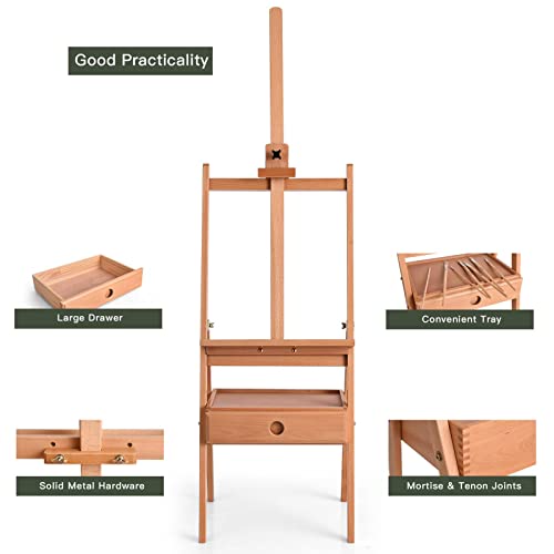 TANGZON H-Frame Artist Easel, Adjustable Beech Studio Easel with Art Supply Storage Drawer & Tray, Holds Canvas up to 92cm, Portable Wooden Painting Stand Shelf for Adults, Students and Beginners