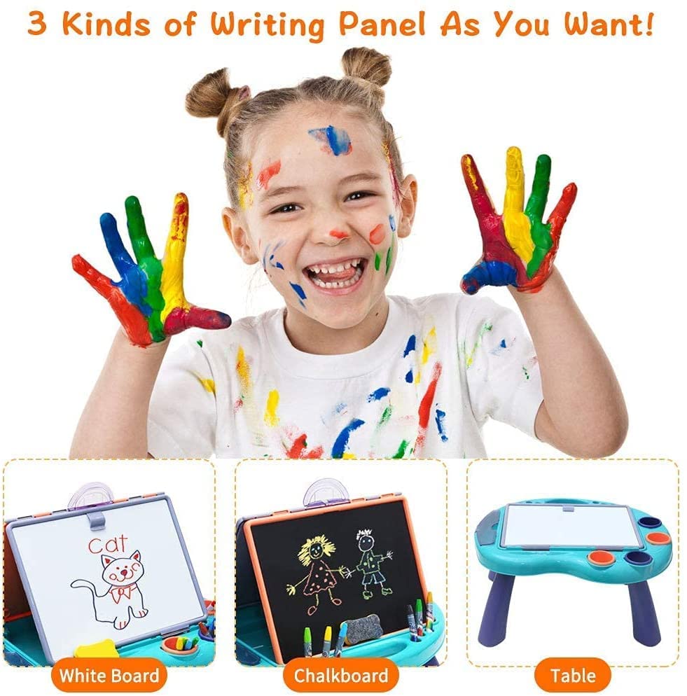 Foldable Kids Tabletop Easel Portable 4 in 1 Double-Sided Art Easel Chalkboard & Magnetic Whiteboard Art Easel Draw and Doodle Playset with Removable Panel Watercolor Pen Eraser Chalk for Boys Girls
