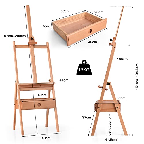 TANGZON H-Frame Artist Easel, Adjustable Beech Studio Easel with Art Supply Storage Drawer & Tray, Holds Canvas up to 92cm, Portable Wooden Painting Stand Shelf for Adults, Students and Beginners