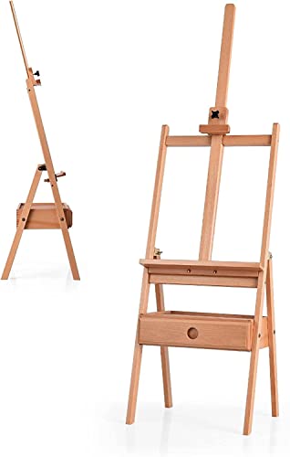 TANGZON H-Frame Artist Easel, Adjustable Beech Studio Easel with Art Supply Storage Drawer & Tray, Holds Canvas up to 92cm, Portable Wooden Painting Stand Shelf for Adults, Students and Beginners