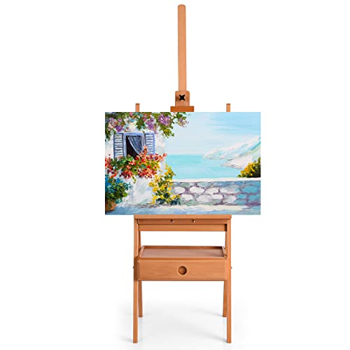 TANGZON H-Frame Artist Easel, Adjustable Beech Studio Easel with Art Supply Storage Drawer & Tray, Holds Canvas up to 92cm, Portable Wooden Painting Stand Shelf for Adults, Students and Beginners