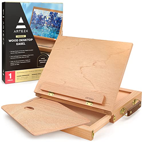 Arteza Wooden Desktop Easel with Drawer and Palette, Art Supplies for Portable Sketching, Drawing, and Painting with a Variety of Mediums