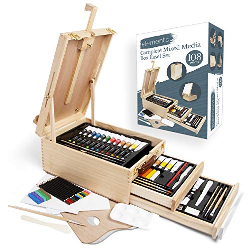 Elements All Media Table Top Easel for Art - 108 Piece Complete Media Box Acrylic, Oil, Painting, Drawing Sketching, 3 Drawer Wooden Easel Set for Artists