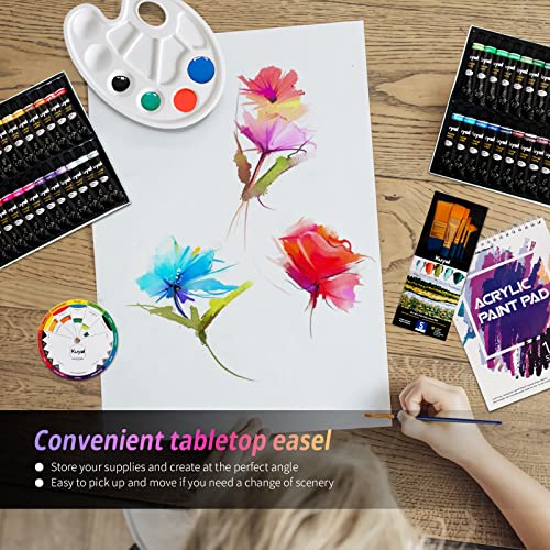 Kuyal Acrylic Painting Set- Adjustable Tabletop Easel, 48×22ML Acrylic Paints, Nylon Brushes, Plastic Palette Knife/Palette, Sketched Canvas, Canvas Pad, Acrylic Paint Pad (Tabletop Easel Set)