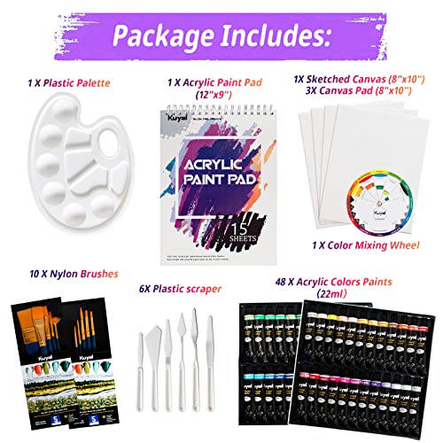 Kuyal Acrylic Painting Set- Adjustable Tabletop Easel, 48×22ML Acrylic Paints, Nylon Brushes, Plastic Palette Knife/Palette, Sketched Canvas, Canvas Pad, Acrylic Paint Pad (Tabletop Easel Set)