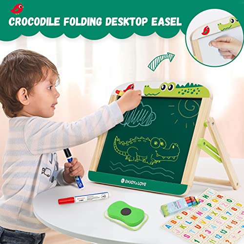 Wooden Kids Easel Foldable Mini Easel Desktop Drawing Board Double-Sided Whiteboard & Chalkboard Wooden Tabletop Art Easel with Letters and Numbers Board for Boys Girls 3 4 5 6 7 8 Years
