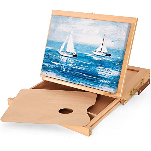 VISWIN 10" W x 13" L Tabletop Easel with Drawer and Palette, Adjustable Table Sketch Box, Solid Beech Wood Painting Box for Beginners, Students, Accommodates Canvases, Panels or Books