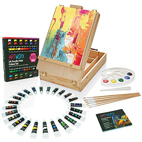 Artworx Painting Set for Adults - Box Easel - Portable Table Top Easel - Kit Includes 2 x Canvasses, 24 x Paints & 6 Brushes - Canvas Painting Set