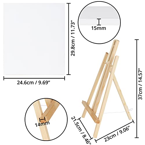 Belle Vous Small Wooden Tabletop Easel with Canvas Set (4 Pack) - W21.5 x H37cm / 8.46 x 14.57 inches - Mini Easel Tripod/A-Frame Display Stand for Canvas Acrylic/Oil Painting, Arts and Crafts