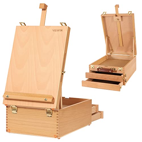 VISWIN Large Tabletop Easel Box with 3-Drawer, Hold Canvas up to 25", Portable Beech Wood Storage Easel Box for Painting Canvas, Drawing, Sketching & Art Supplies, Adults, Beginners, Artists