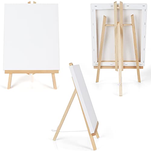 Belle Vous Small Wooden Tabletop Easel with Canvas Set (4 Pack) - W21.5 x H37cm / 8.46 x 14.57 inches - Mini Easel Tripod/A-Frame Display Stand for Canvas Acrylic/Oil Painting, Arts and Crafts