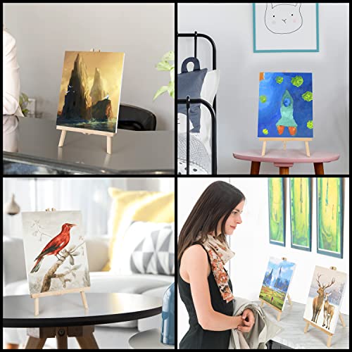 Belle Vous Small Wooden Tabletop Easel with Canvas Set (4 Pack) - W21.5 x H37cm / 8.46 x 14.57 inches - Mini Easel Tripod/A-Frame Display Stand for Canvas Acrylic/Oil Painting, Arts and Crafts