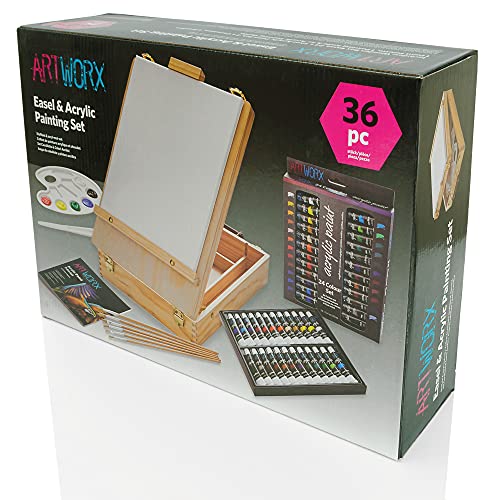 Artworx Painting Set for Adults - Box Easel - Portable Table Top Easel - Kit Includes 2 x Canvasses, 24 x Paints & 6 Brushes - Canvas Painting Set