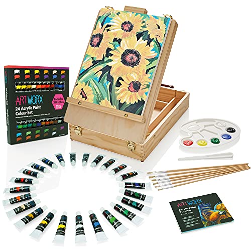 Artworx Painting Set for Adults - Box Easel - Portable Table Top Easel - Kit Includes 2 x Canvasses, 24 x Paints & 6 Brushes - Canvas Painting Set