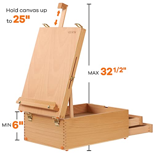 VISWIN Large Tabletop Easel Box with 3-Drawer, Hold Canvas up to 25", Portable Beech Wood Storage Easel Box for Painting Canvas, Drawing, Sketching & Art Supplies, Adults, Beginners, Artists