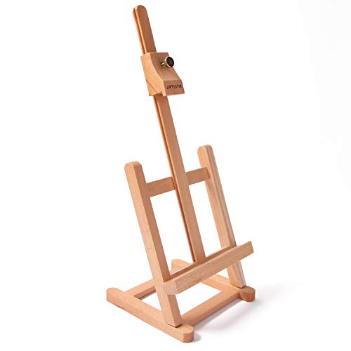 Small Table Top Easel Stand - Mini Tabletop Easel (42 cm Tall) and Artist Table Top Display Easel with Beechwood H Frame Holds Canvases for Painting and Scrapbooking