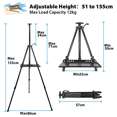 VAIIGO Art Easel Stand for Painting, Adjustable 51-155 cm, Folding Tripod Display Easel, Artist Stand Easel with Bag/Keg, Tabletop and Floor Painting Display Drawing Art Sketch (Black)