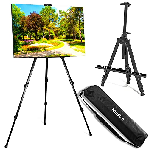 Nicpro Painting Easel for Display, Adjustable Height 17" to 63" Tabletop & Floor Art Easel, Metal Tripod Artist Easels Stand for Painting Canvas, Wedding Signs with Carry Bag - Black