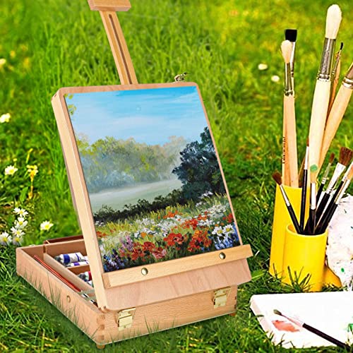Trintion Table Easel Box Art Supplies Easel Box Wooden Adjustable Foldable Desktop Sketch Portable Art Painting Storage Box for Children's Artist Drawing Student