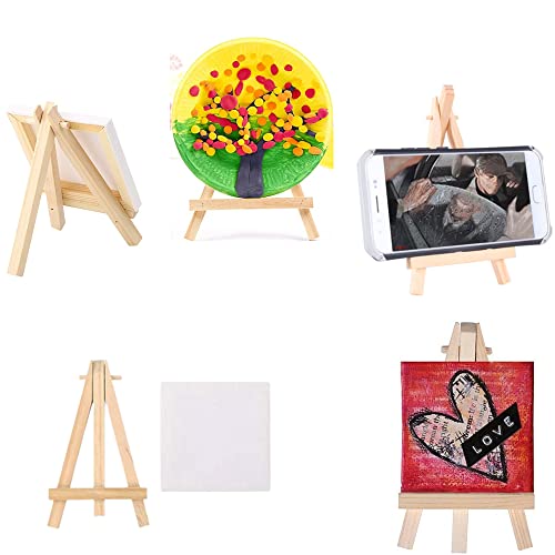 4 Pack Small Easels with Canvas Adjustable Mini Wooden Artist Triangle Easels Small Tabletop Art Display Easels for Craft Oil Acrylic Painting & Drawing Artis
