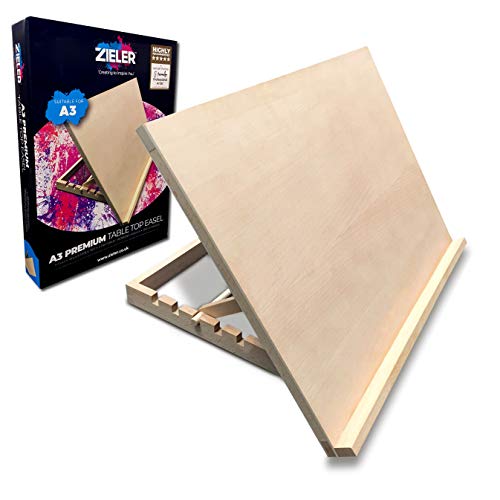 Premium Adjustable Table Top Art Easel/Desk Easel - by Zieler™. Ideal for Presentation, Painting, Crafting, Calligraphy, Sketching, Drawing & Planning - Made from Beechwood - 5 Different Angles (A3)