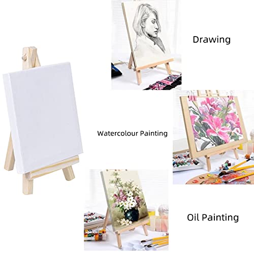 4 Pack Small Easels with Canvas Adjustable Mini Wooden Artist Triangle Easels Small Tabletop Art Display Easels for Craft Oil Acrylic Painting & Drawing Artis