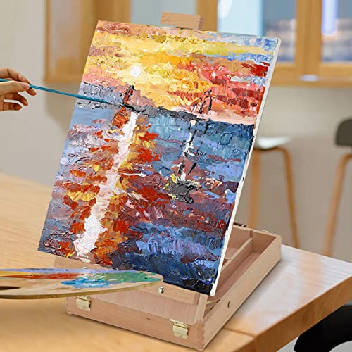 Trintion Table Easel Box Art Supplies Easel Box Wooden Adjustable Foldable Desktop Sketch Portable Art Painting Storage Box for Children's Artist Drawing Student