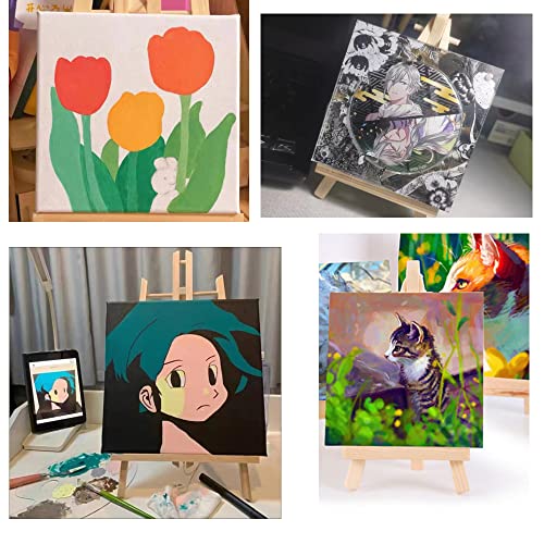 4 Pack Small Easels with Canvas Adjustable Mini Wooden Artist Triangle Easels Small Tabletop Art Display Easels for Craft Oil Acrylic Painting & Drawing Artis
