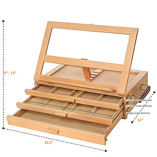 MEEDEN Large Adjustable Artist Tabletop Sketchbox Easel- Multi-Function Solid Beech Wood Storage Box Easel with 3-Drawer for Artist, Art Students & Beginners