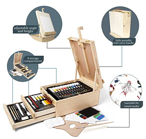 Elements All Media Table Top Easel for Art - 108 Piece Complete Media Box Acrylic, Oil, Painting, Drawing Sketching, 3 Drawer Wooden Easel Set for Artists