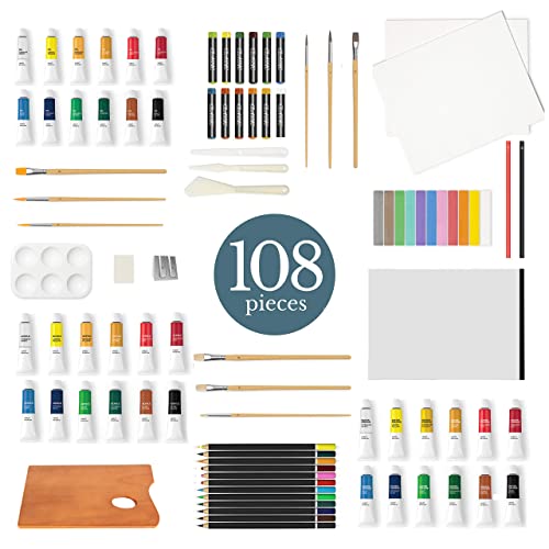 Elements All Media Table Top Easel for Art - 108 Piece Complete Media Box Acrylic, Oil, Painting, Drawing Sketching, 3 Drawer Wooden Easel Set for Artists