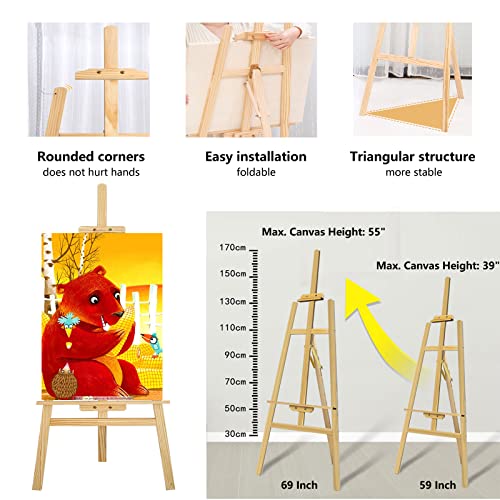 Artist Easel Stand Display Easels Studio Easel Wooden A-Frame Canvas Easel Art Stand, Adjustable Canvas Height, Easel Stand for Wedding Sign, Exhibition Stand, Painting Holder 59 Inch, Natural Pine