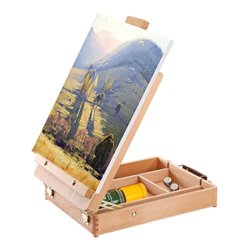 DEAYOU Wood Tabletop Easel Storage Box, Beechwood Portable Sketchbox for Painting, Adjustable Wooden Desktop Drawing Easel Case for Art Supplies, Painters, Adult, Student, Artist, Beginner